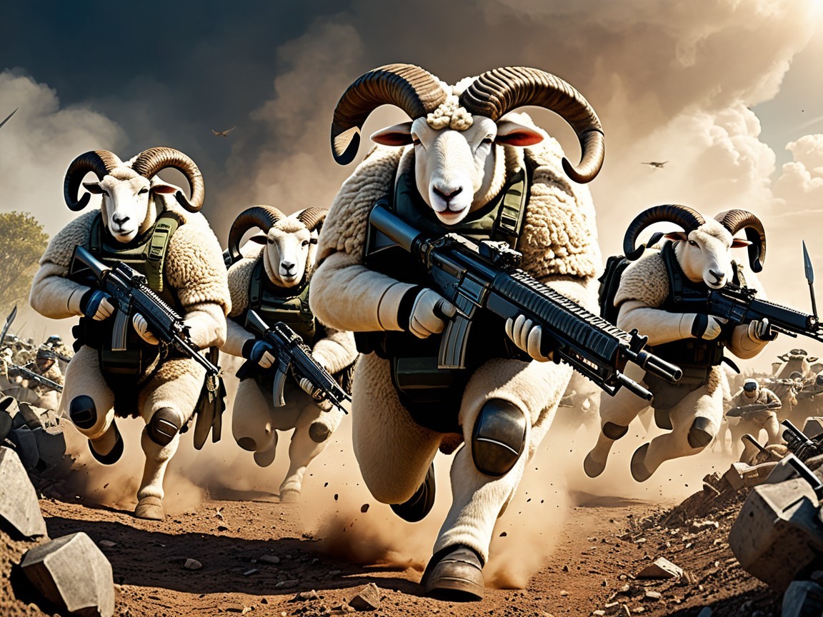 Anthropomorphic sheep in tactical gear in action scene