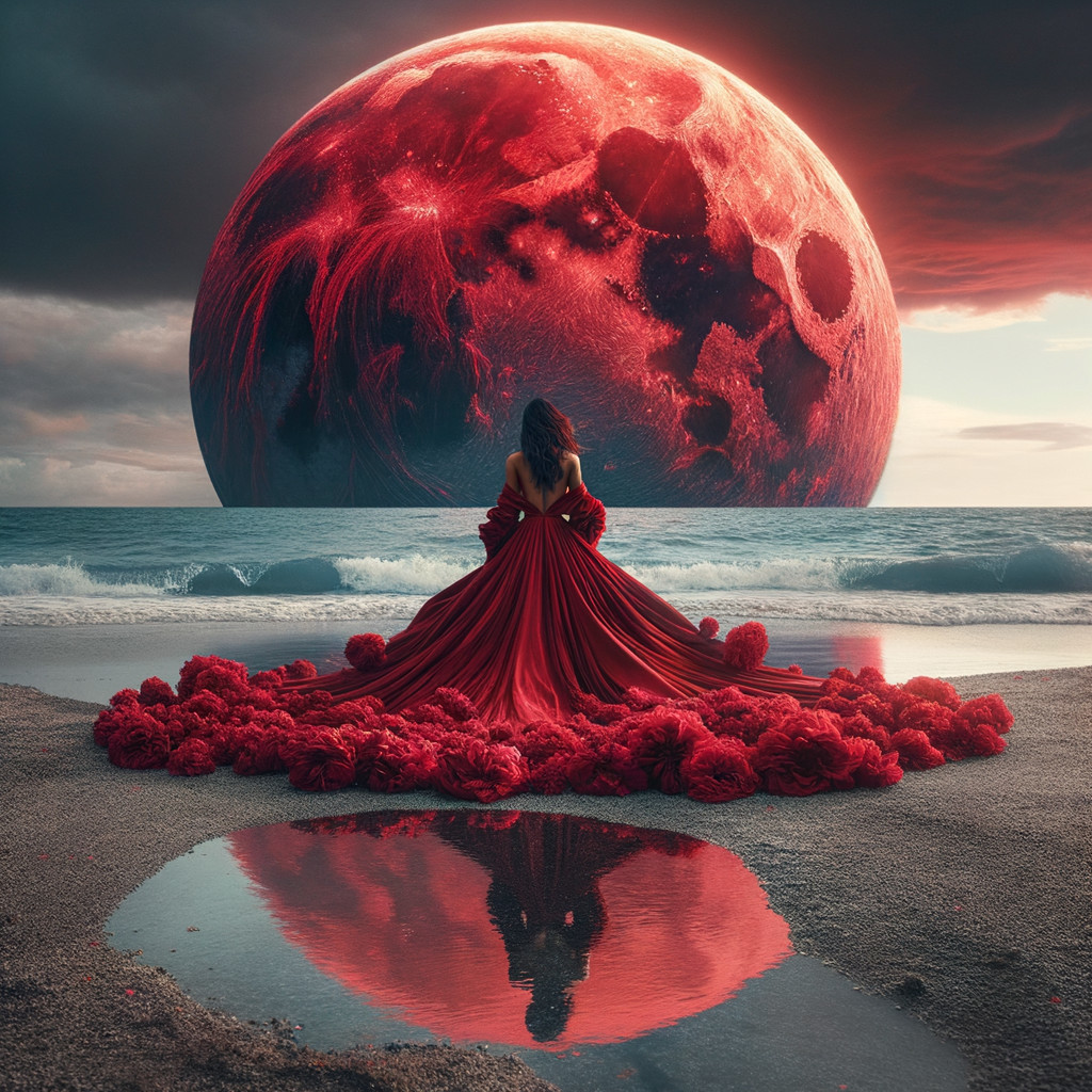 Woman in Red Gown on Beach with Surreal Moon