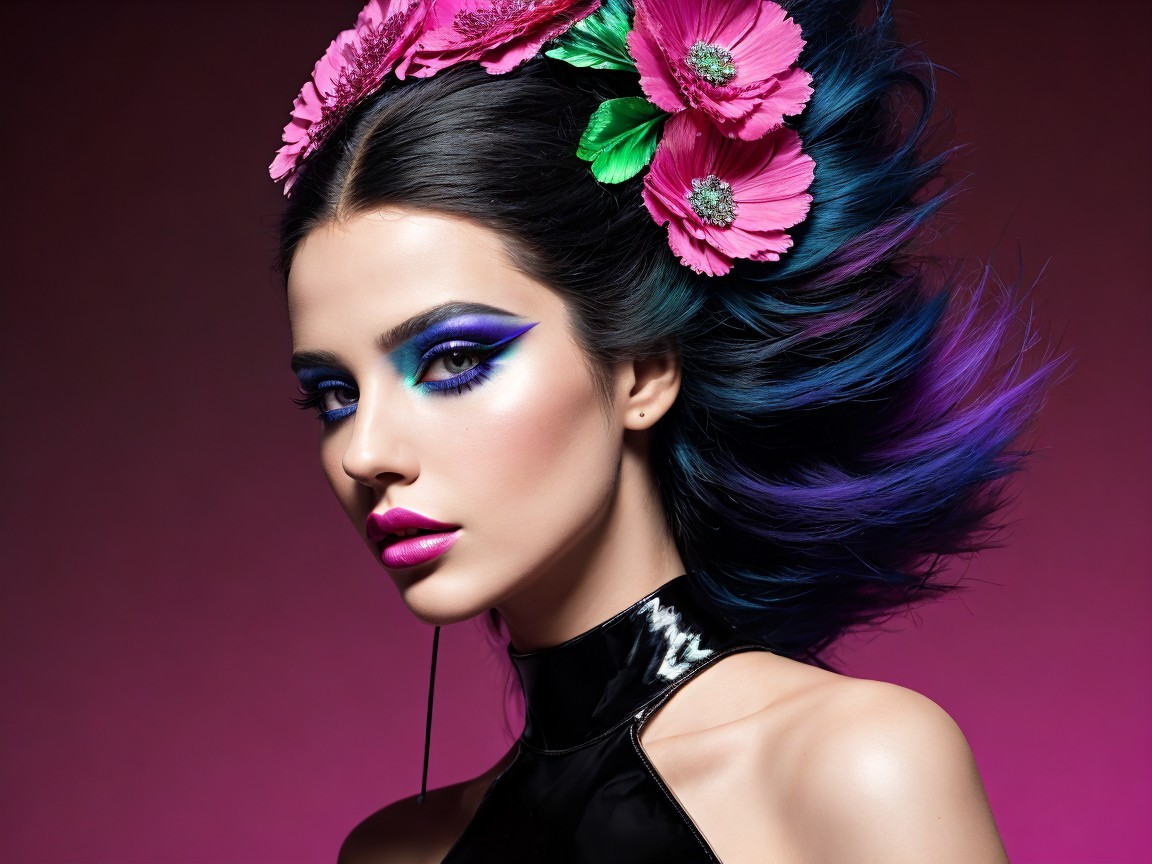Portrait of a Young Woman with Colorful Makeup and Accessories