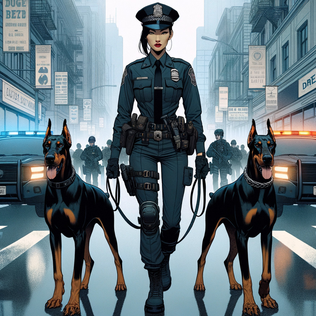 Police Officer with Doberman Dogs in Urban Setting