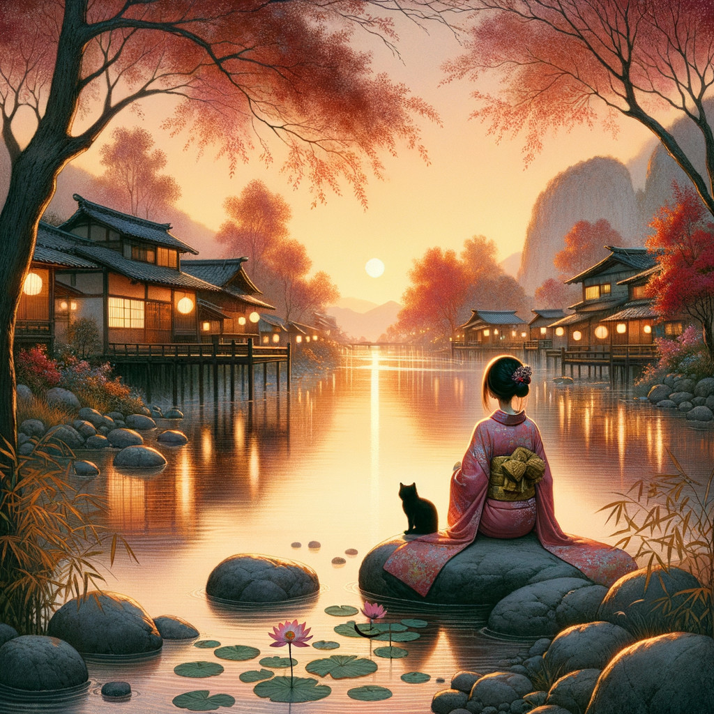 Sunset Scene with Woman in Kimono by River