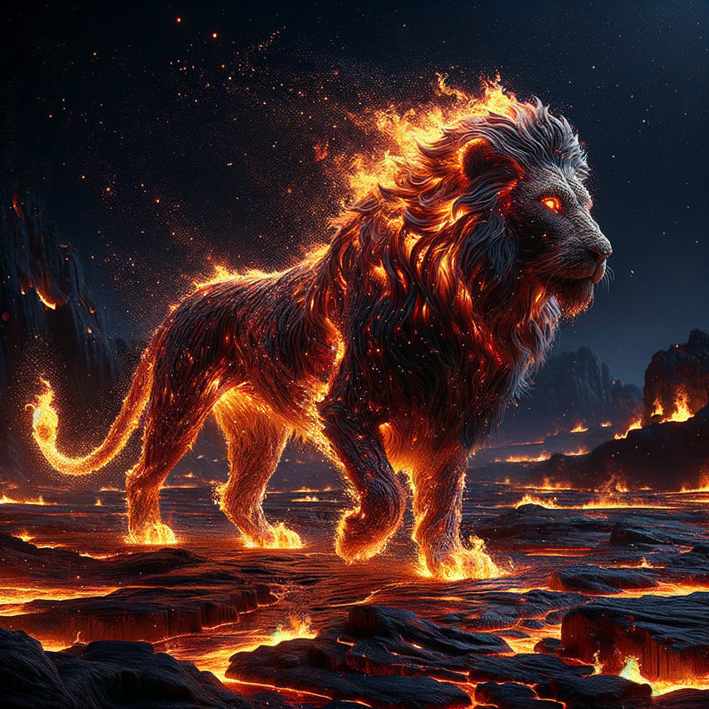Majestic Lion Against Molten Lava Landscape
