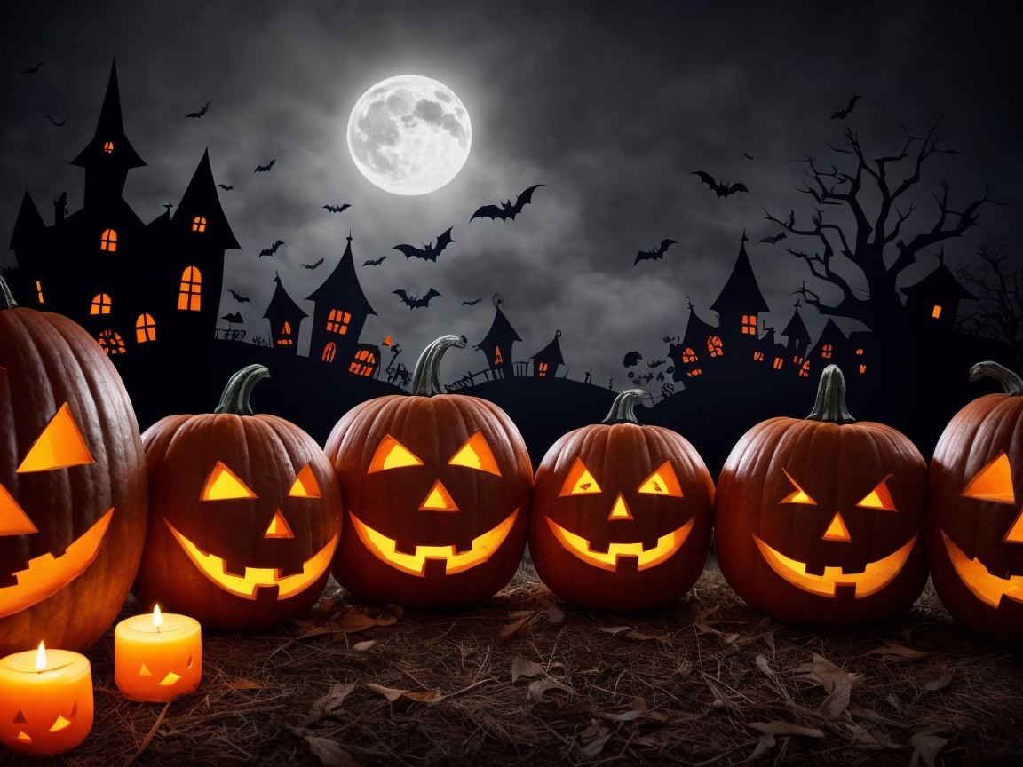 Halloween Scene with Glowing Jack-o'-Lanterns and Bats
