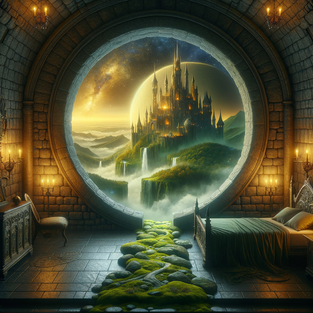 Magical Castle View Through Circular Window at Sunset