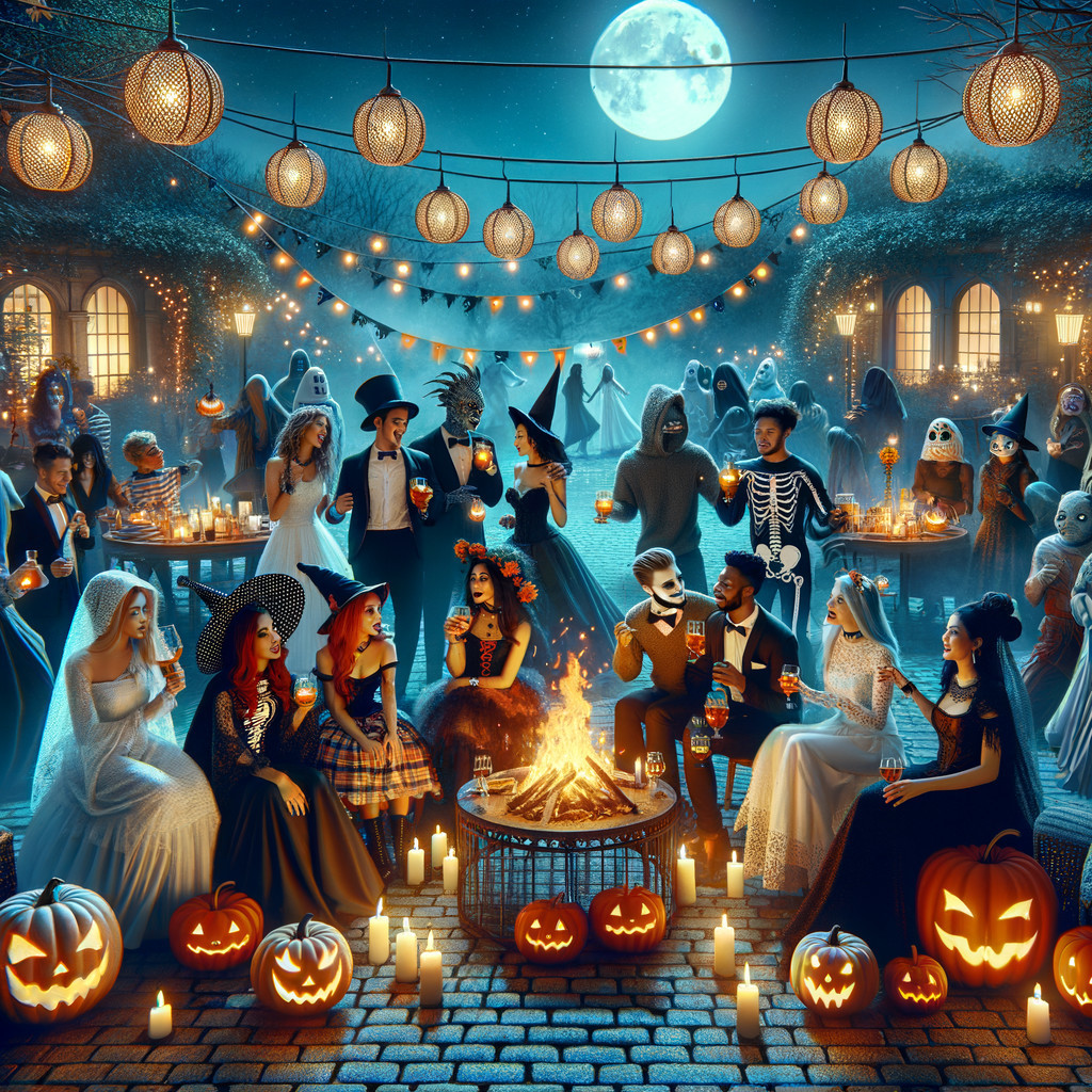Halloween Party Scene with Costumes and Lanterns