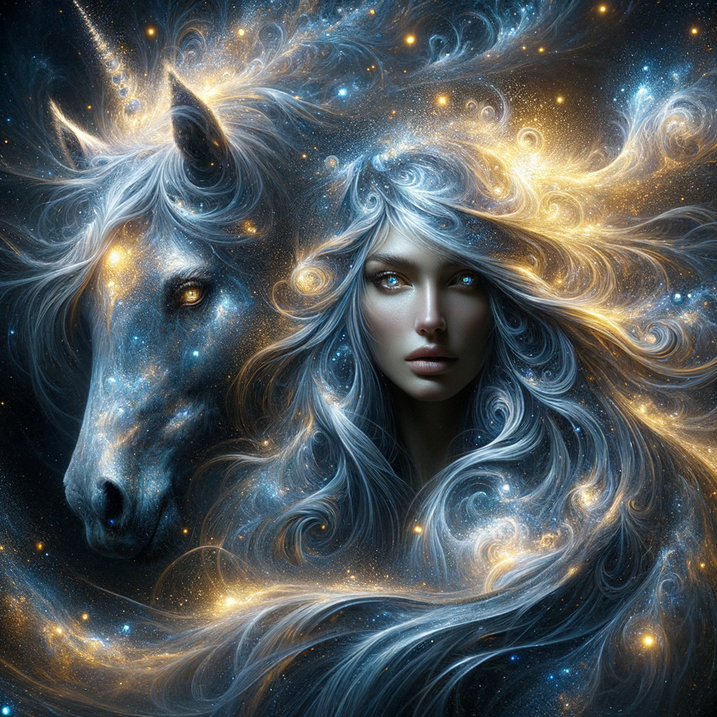 Celestial Woman and Unicorn in a Mystical Cosmos
