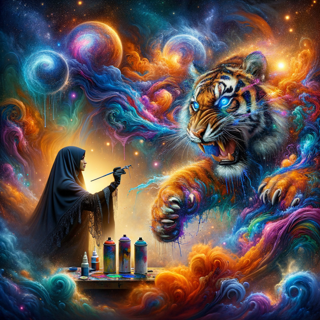 Cosmic Scene with Cloaked Figure and Luminous Tiger