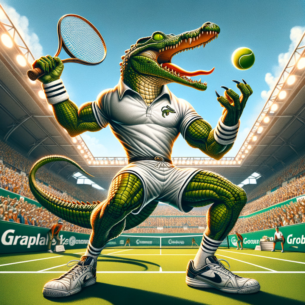 Anthropomorphic alligator in tennis outfit on court