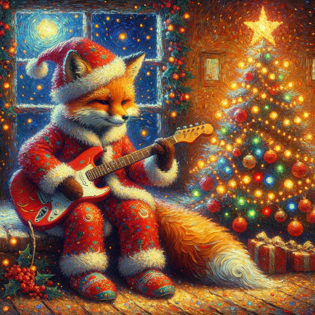 Fox in Santa Outfit Playing Guitar by Christmas Tree