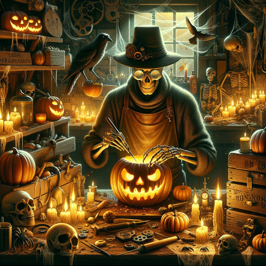 Skeletal Figure Carving Pumpkin in Spooky Workshop