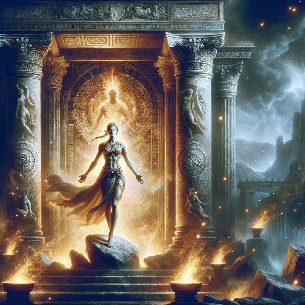 Majestic figure illuminated by golden temple light