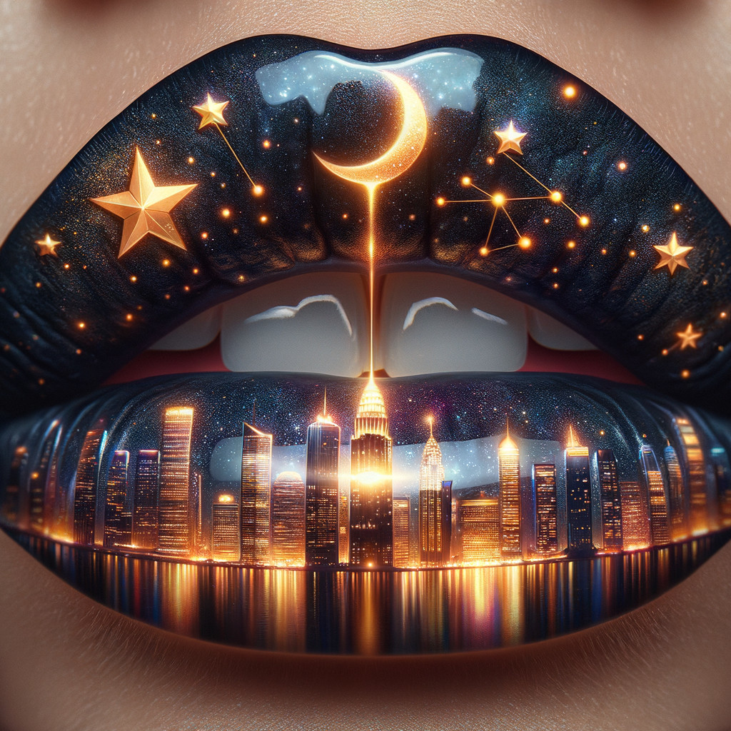 Cosmic-Themed Luscious Lips with City Skyline Design