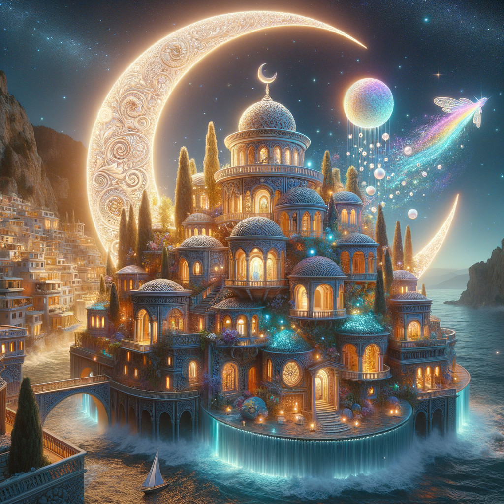 Magical Moonlit City with Domed Buildings and Waterfall