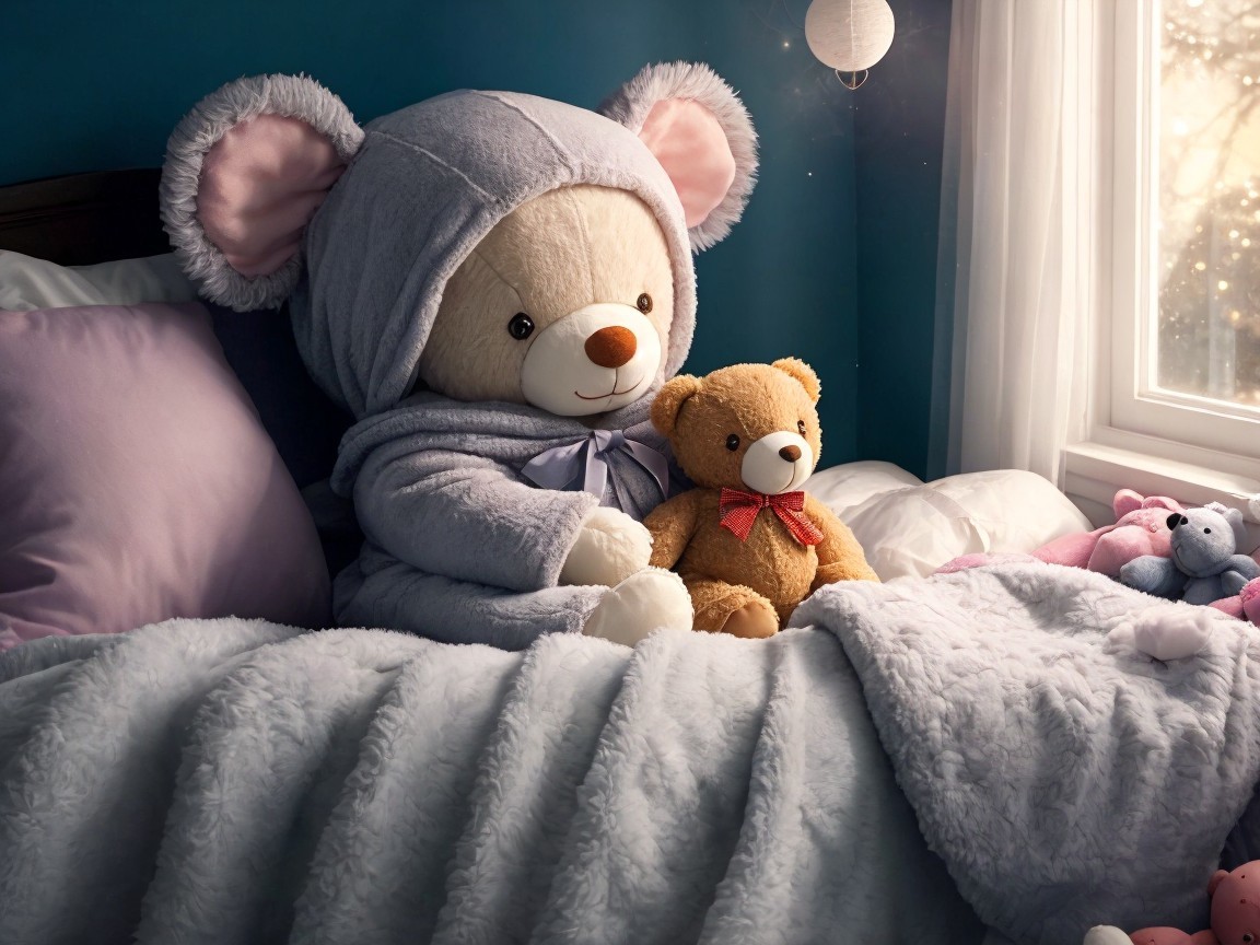 Cozy Bedroom Scene with Fluffy Teddy Bears and Plush Toys