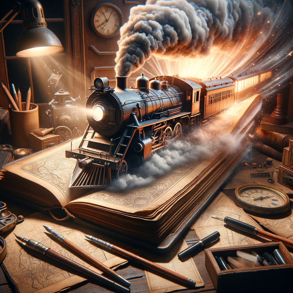 Vintage steam train emerging from an open book scene