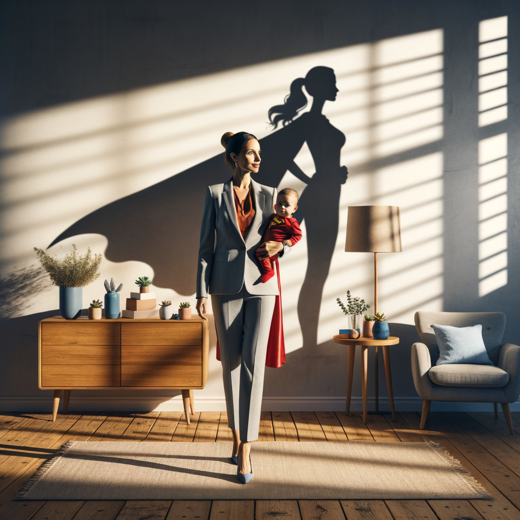 Confident Woman in Suit Holding Baby in Stylish Room