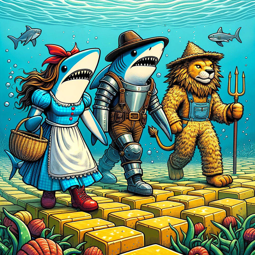 Underwater Scene with Anthropomorphic Sharks in Costumes