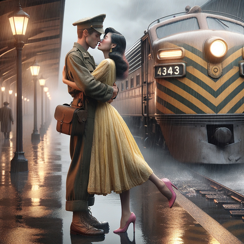 Soldier and Woman Embrace at Rainy Train Station