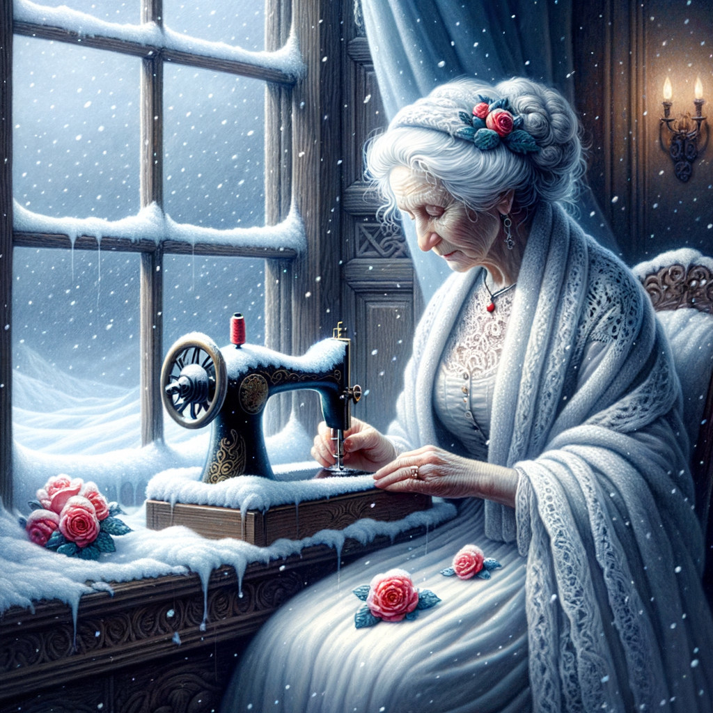 Elderly Woman Sewing by Snow-Dusted Window