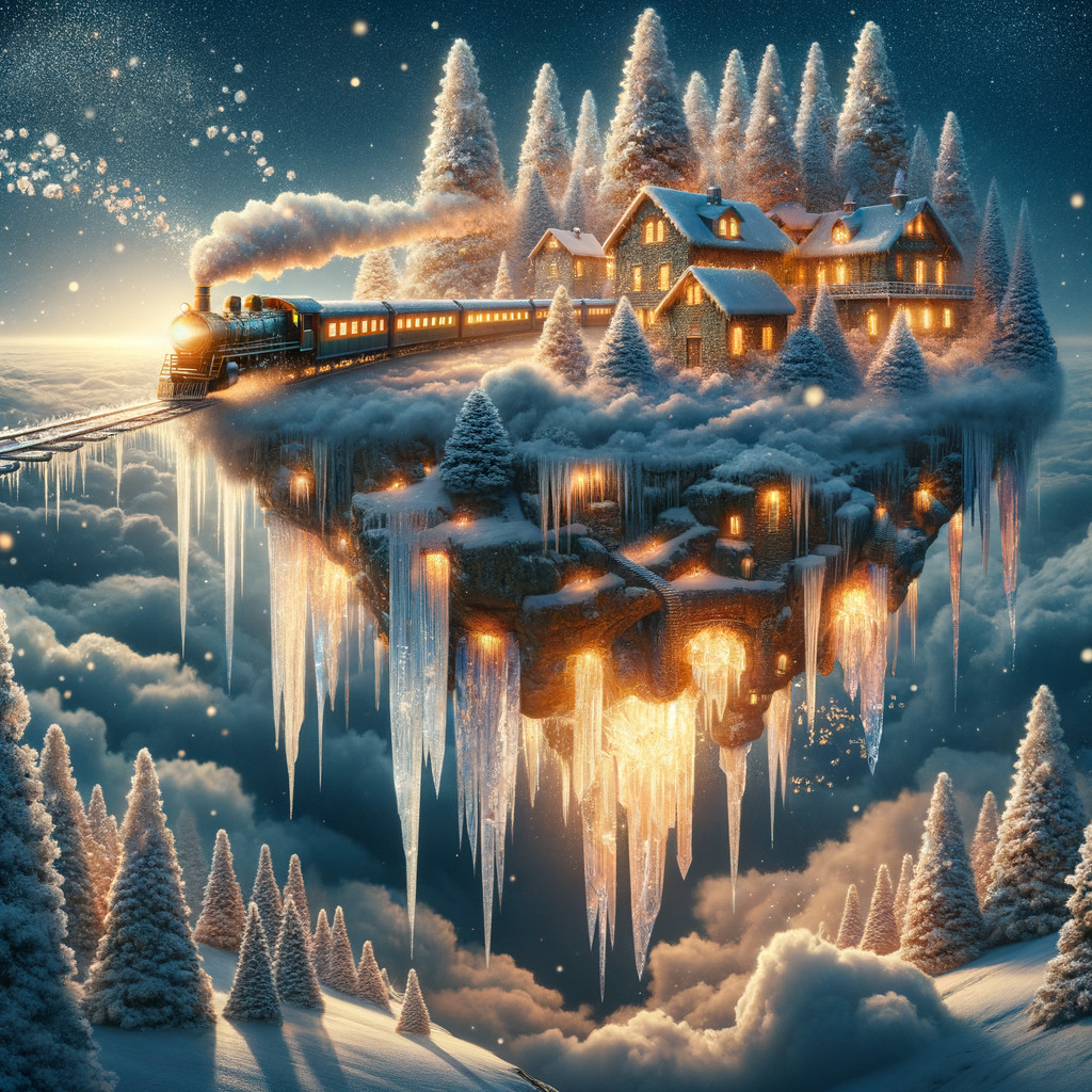 Whimsical Floating Island with Snowy Cottages and Train