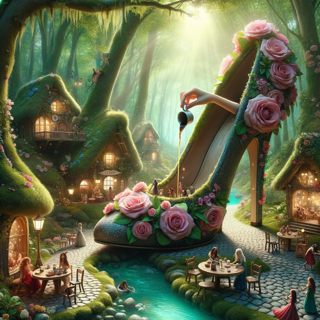 Oversized High Heel Surrounded by Fairies and Cottages