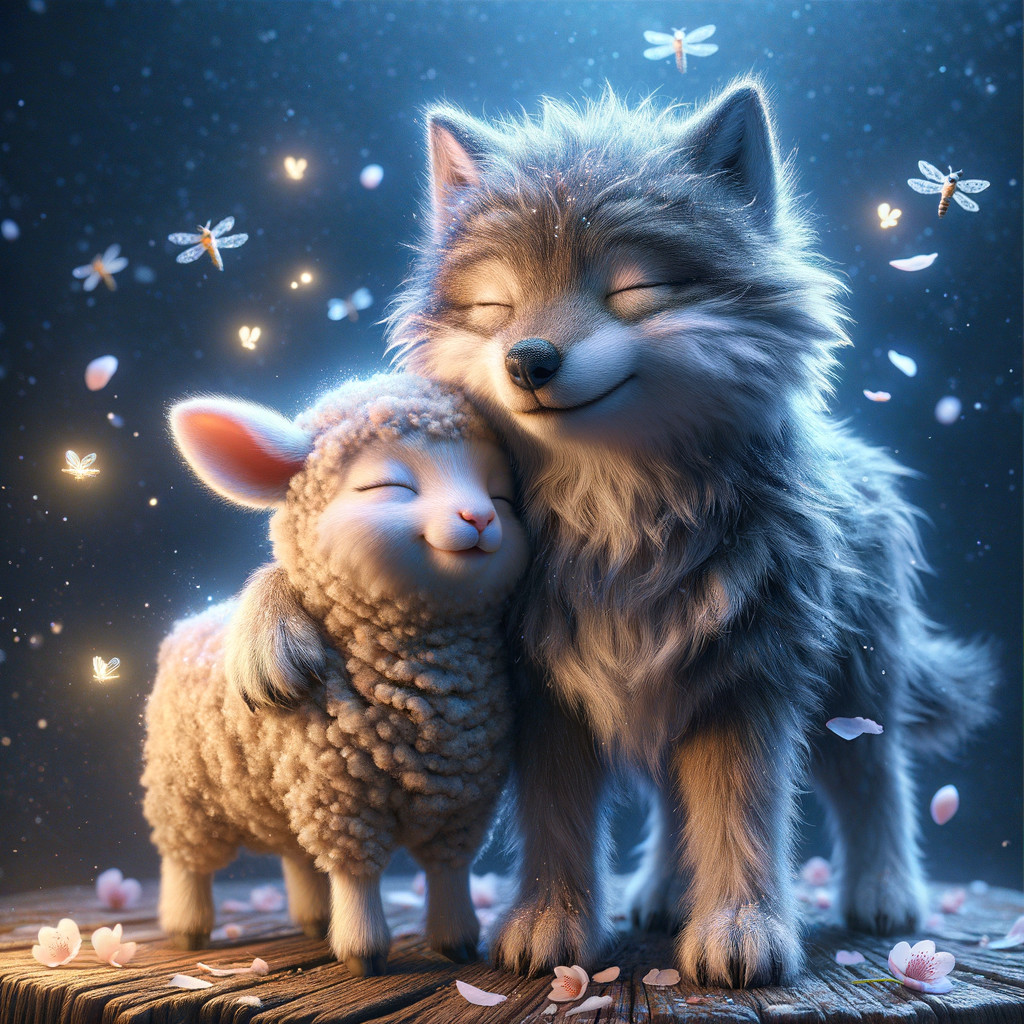 Sheep and wolf embrace in a magical nature scene