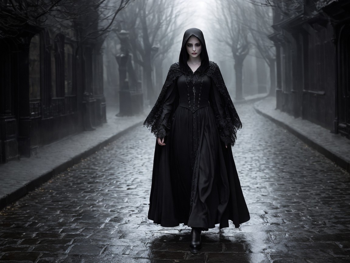 Mysterious Figure in Black Gown on Foggy Street