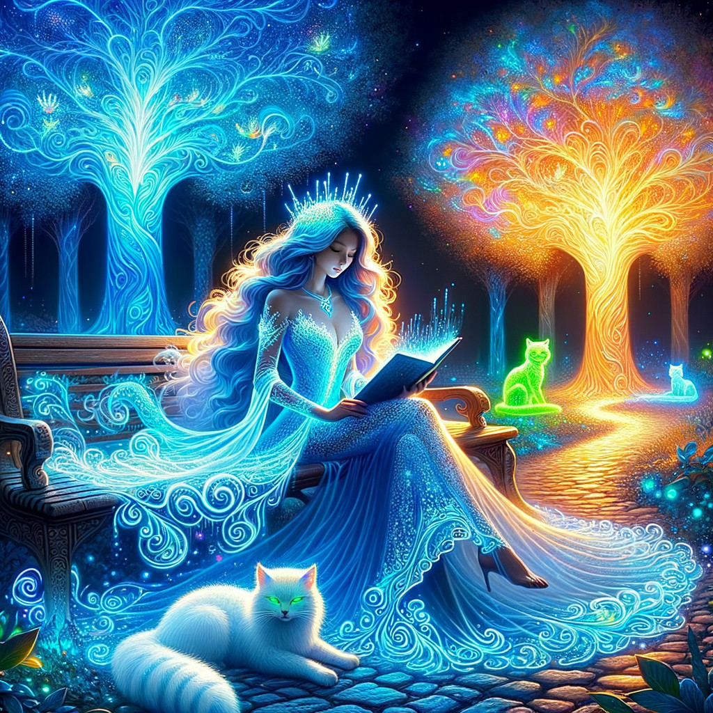 Magical Landscape with Glowing Trees and Ethereal Cats
