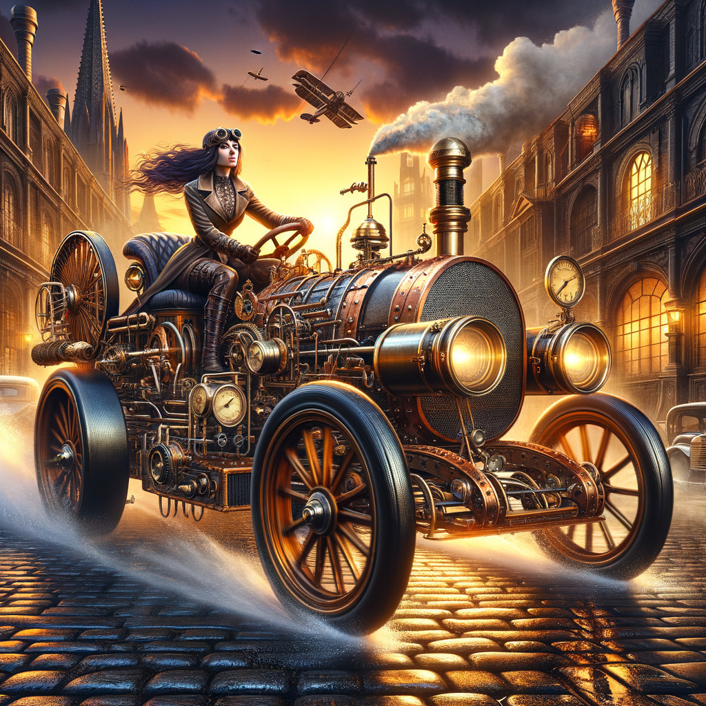 Steampunk Vehicle on Cobblestone Street at Sunset