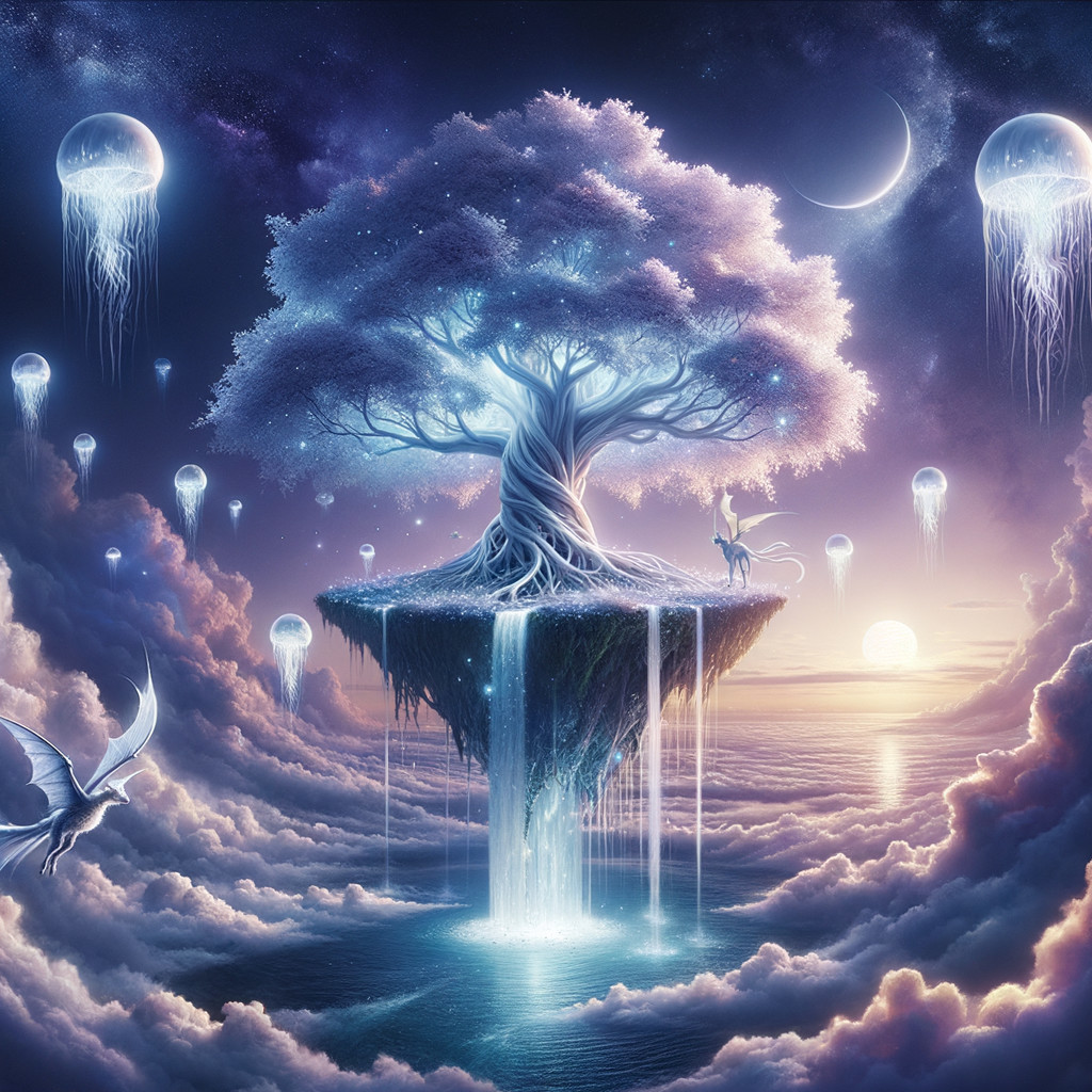 Luminous Tree in Surreal Floating Island Landscape