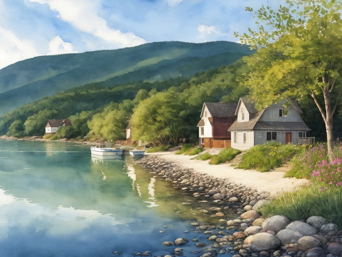 Serene Lakeside Scene with Cottages and Boats