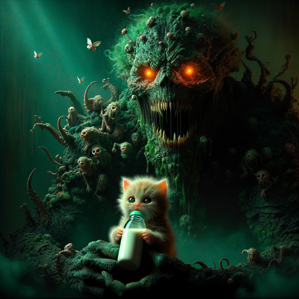 Surreal Scene of Monster and Innocent Kitten Contrast