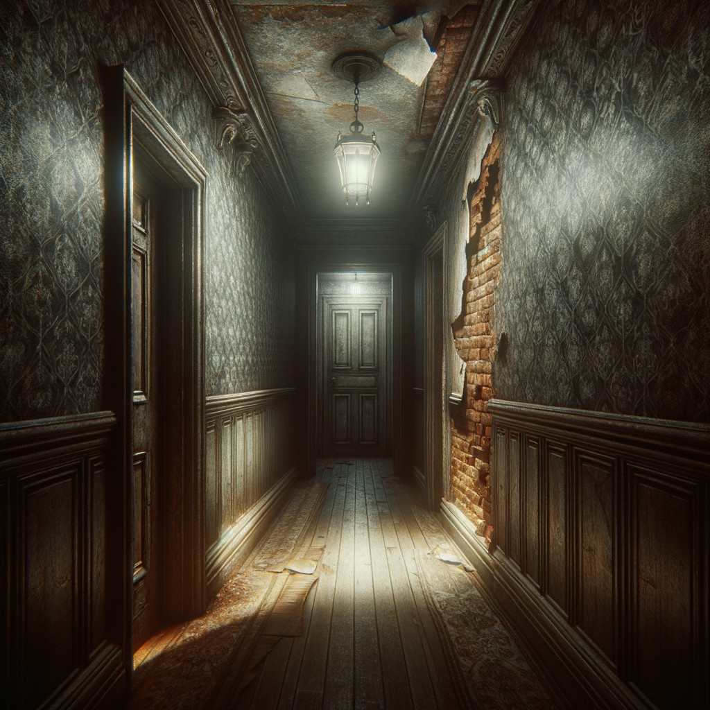 Dimly Lit Hallway with Peeling Wallpaper and Lantern