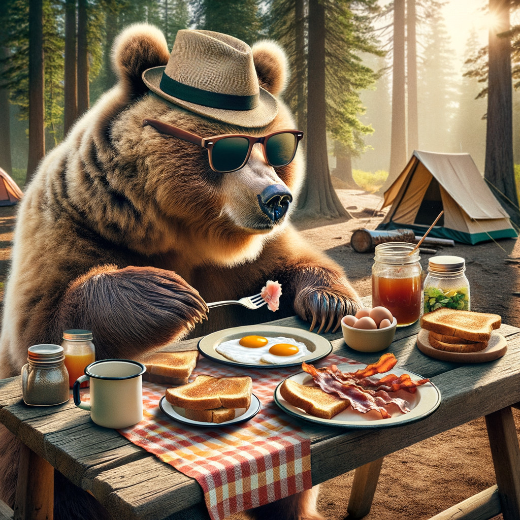 Bear in Hat Enjoys Breakfast at Forest Picnic Table