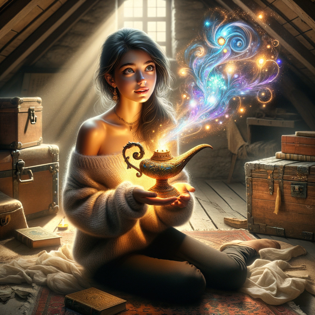 Dreamy Digital Painting of a Woman with Genie Lamp