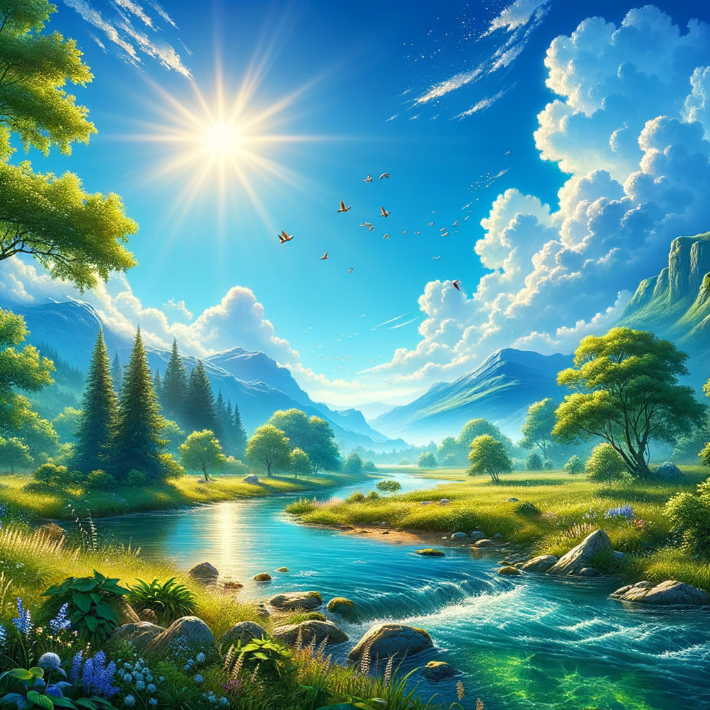 Vibrant Landscape with River and Towering Mountains