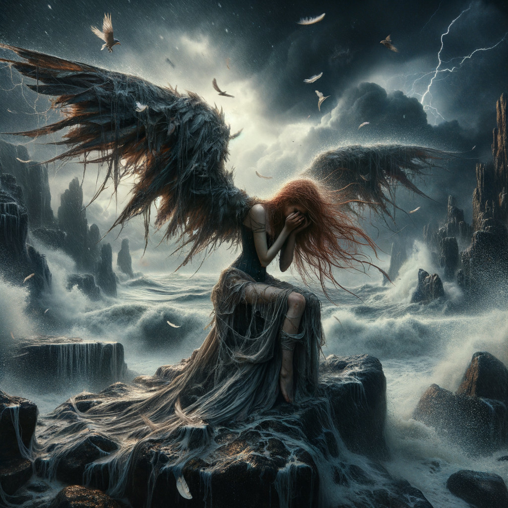 Sorrowful figure with dark wings in stormy sea scene