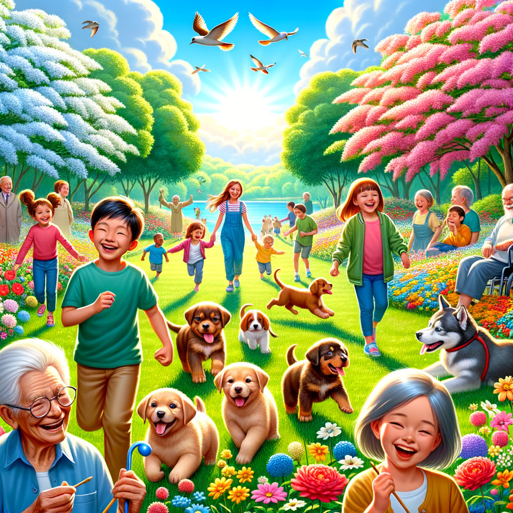 Vibrant Park Scene with Families and Playful Puppies