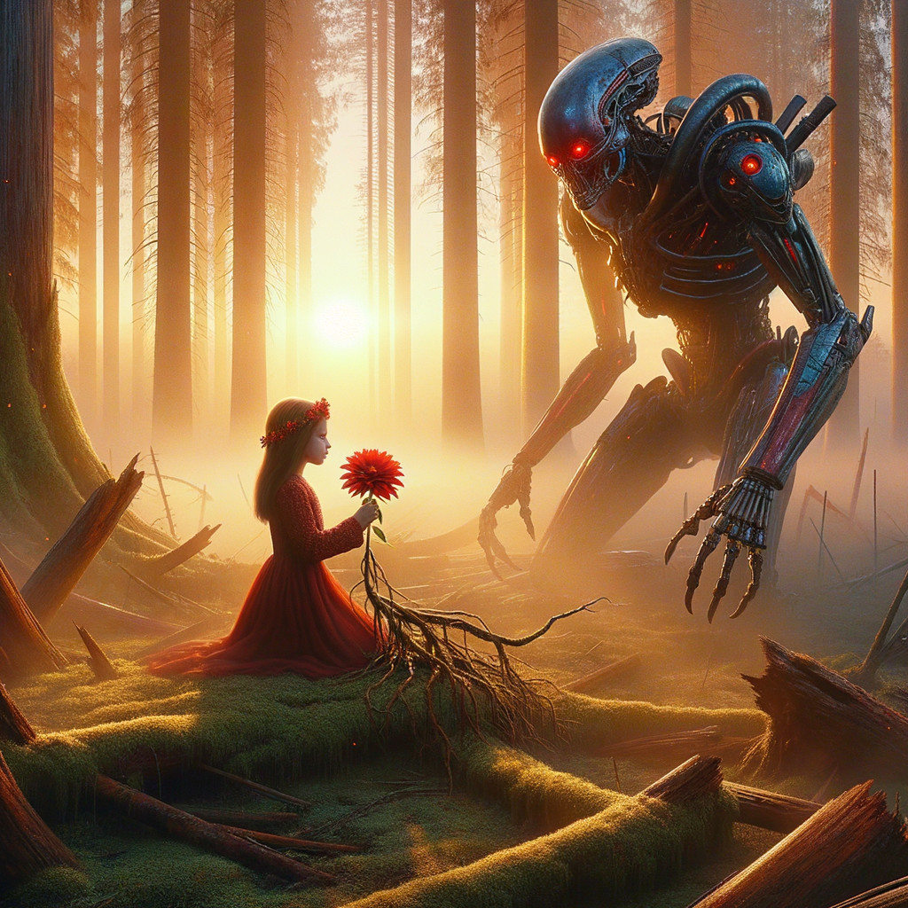 Young girl in red dress with robot in misty forest