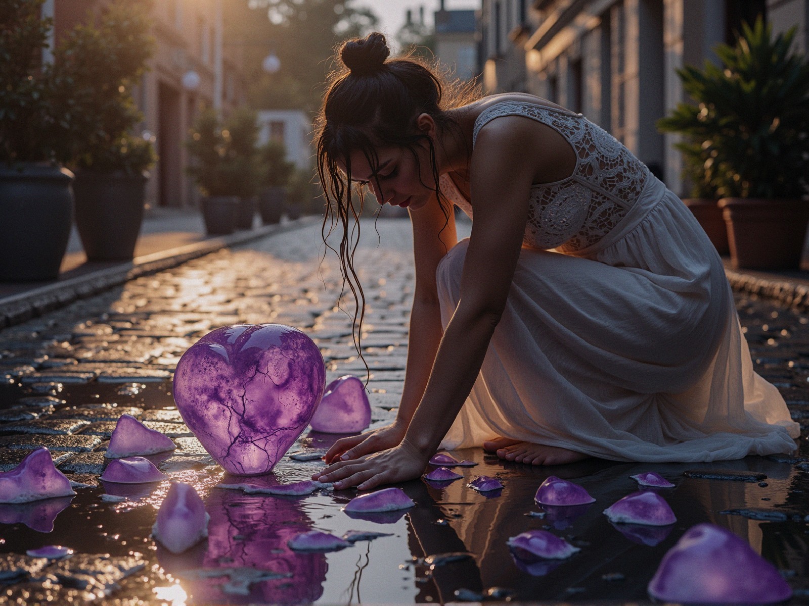 A woman kneeling with a glowing heart-shaped crystal