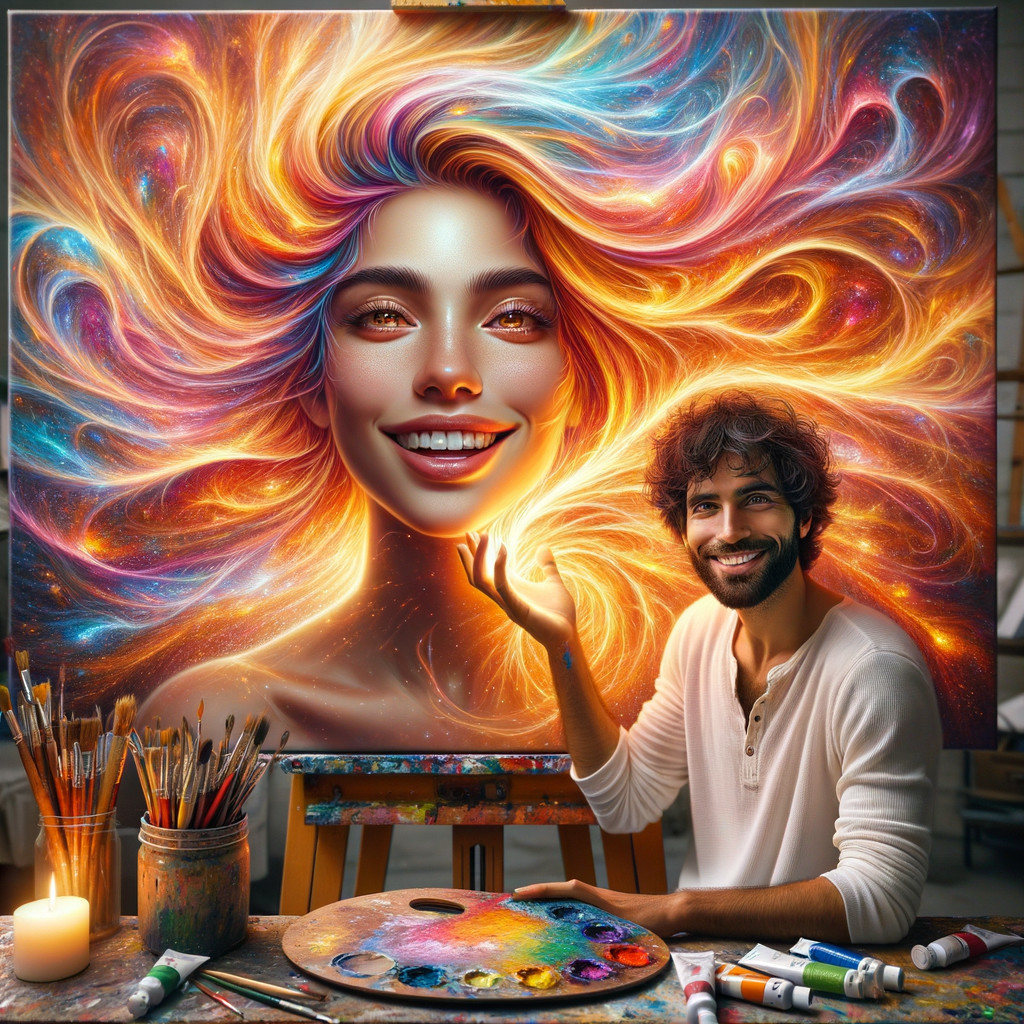 Male Artist Painting a Luminous Woman on Canvas