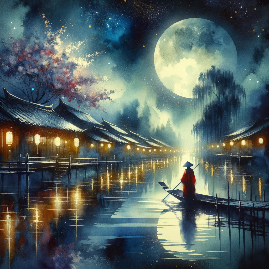 Tranquil River Scene with Lanterns and Cherry Blossoms