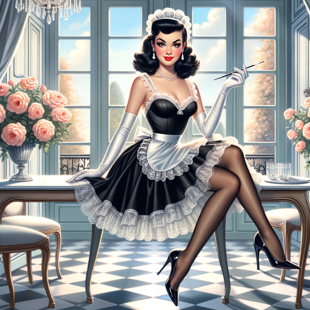 Vintage Illustration of Glamorous Maid in Elegant Setting