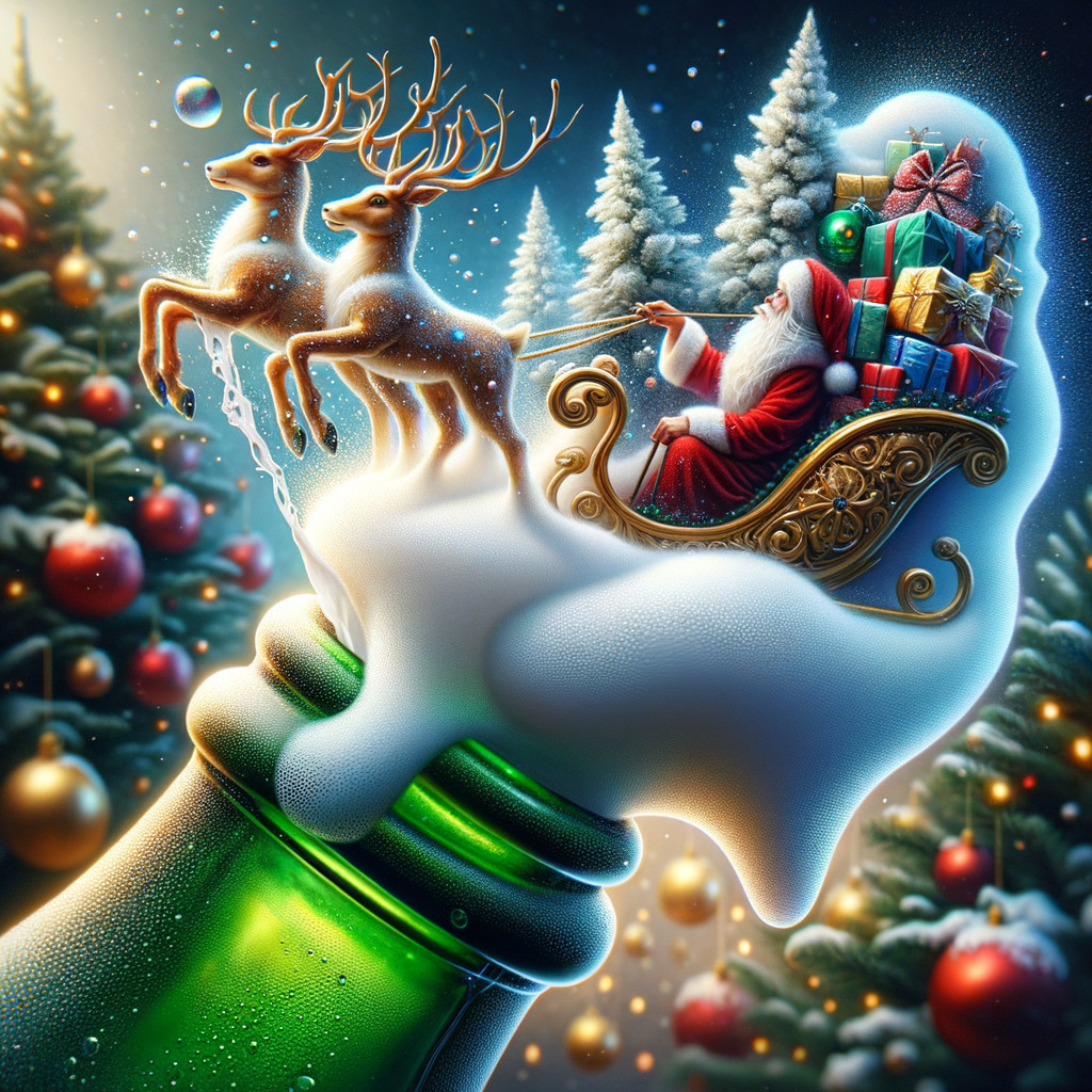 Santa Claus on Sleigh Pulled by Reindeer from Champagne