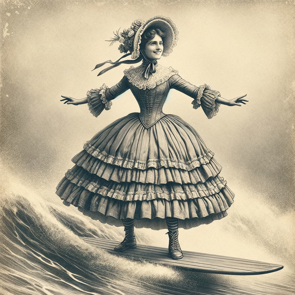 Vintage Illustration of Woman Surfing in 19th Century Attire