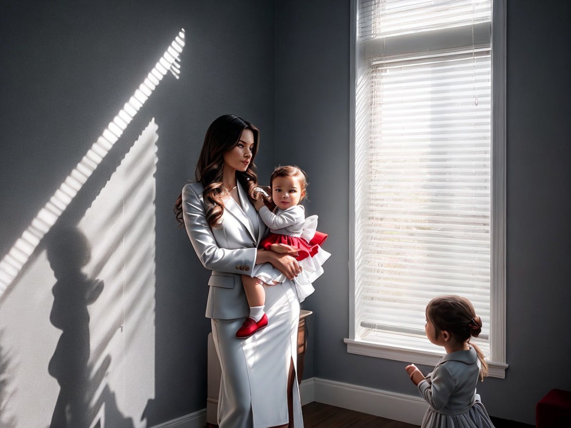 Stylish Woman with Baby and Girl by Sunlit Window
