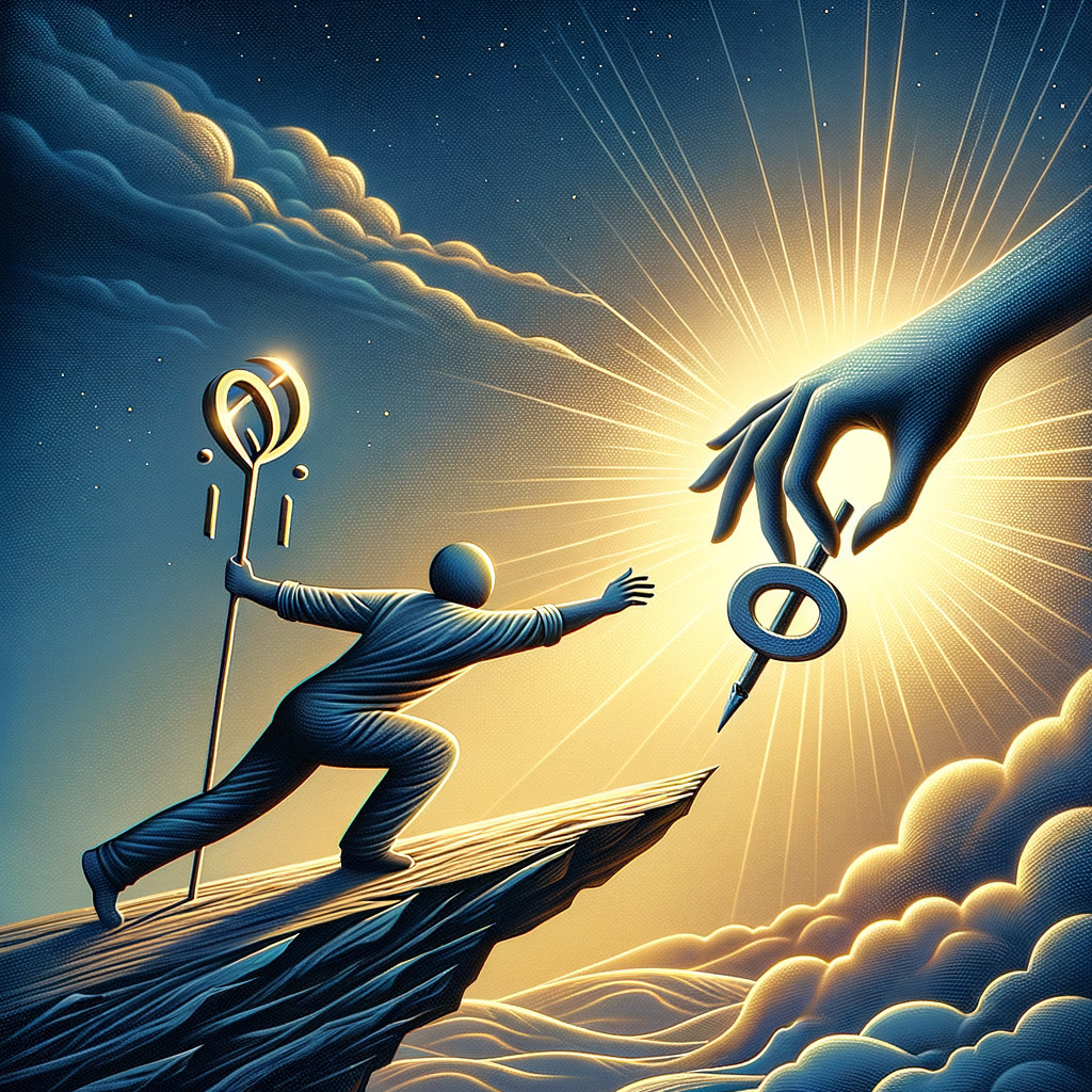 Figure on Cliff Reaching for Guiding Hand in Clouds
