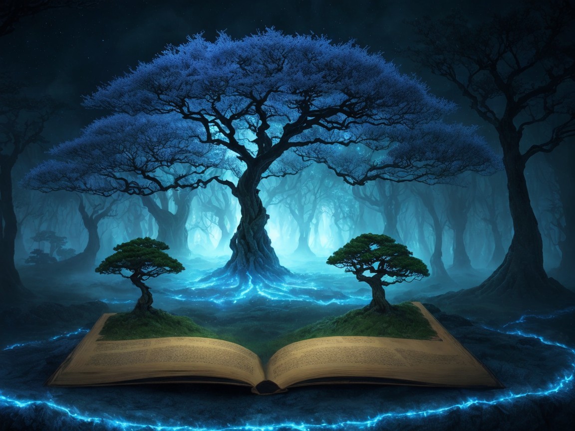 Glowing Tree in Twilight Forest with Ancient Book