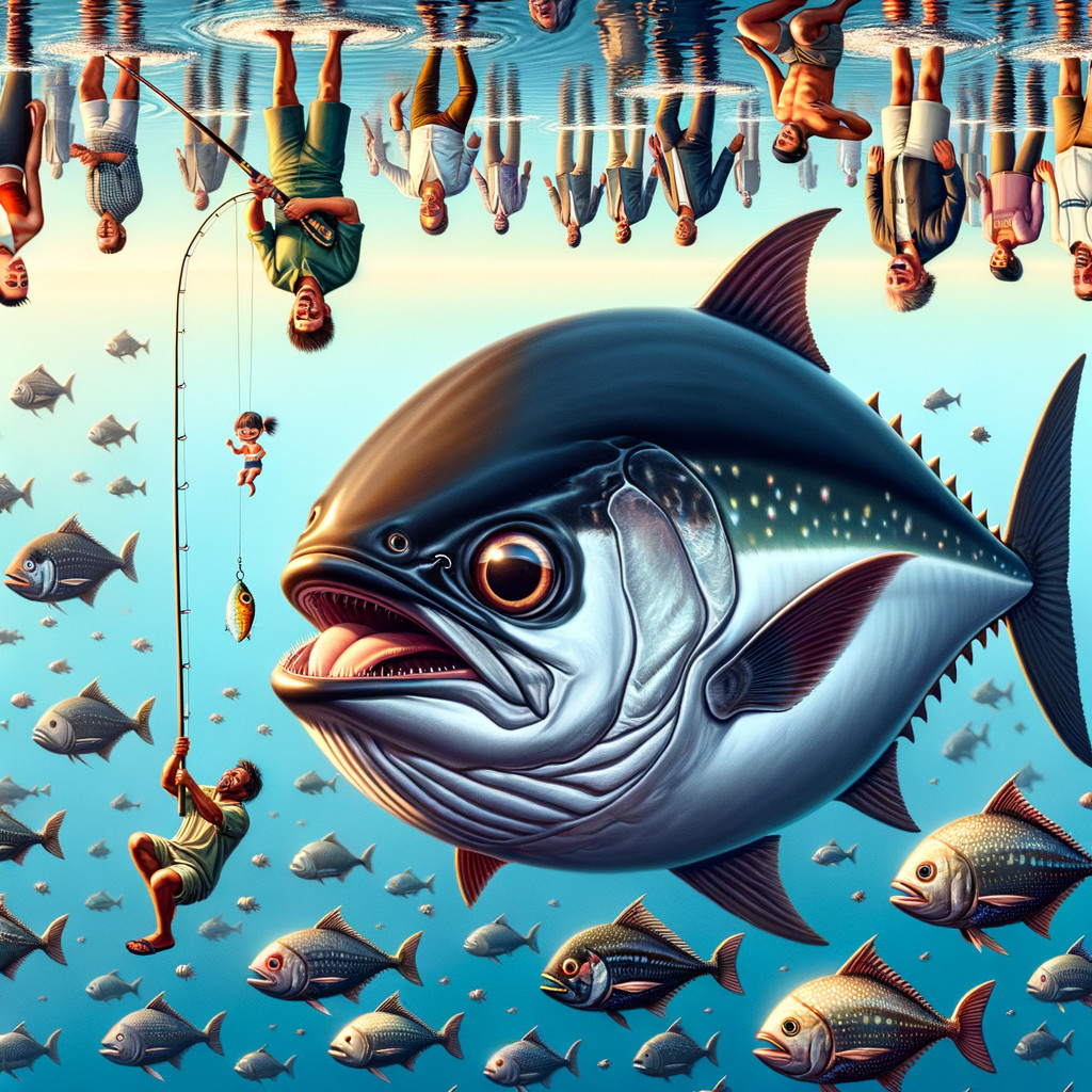 Surreal Underwater Scene with Giant Fish and Fishermen