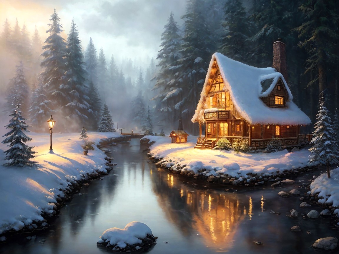 Cottage in Snowy Wilderness with Lantern-Lit Path